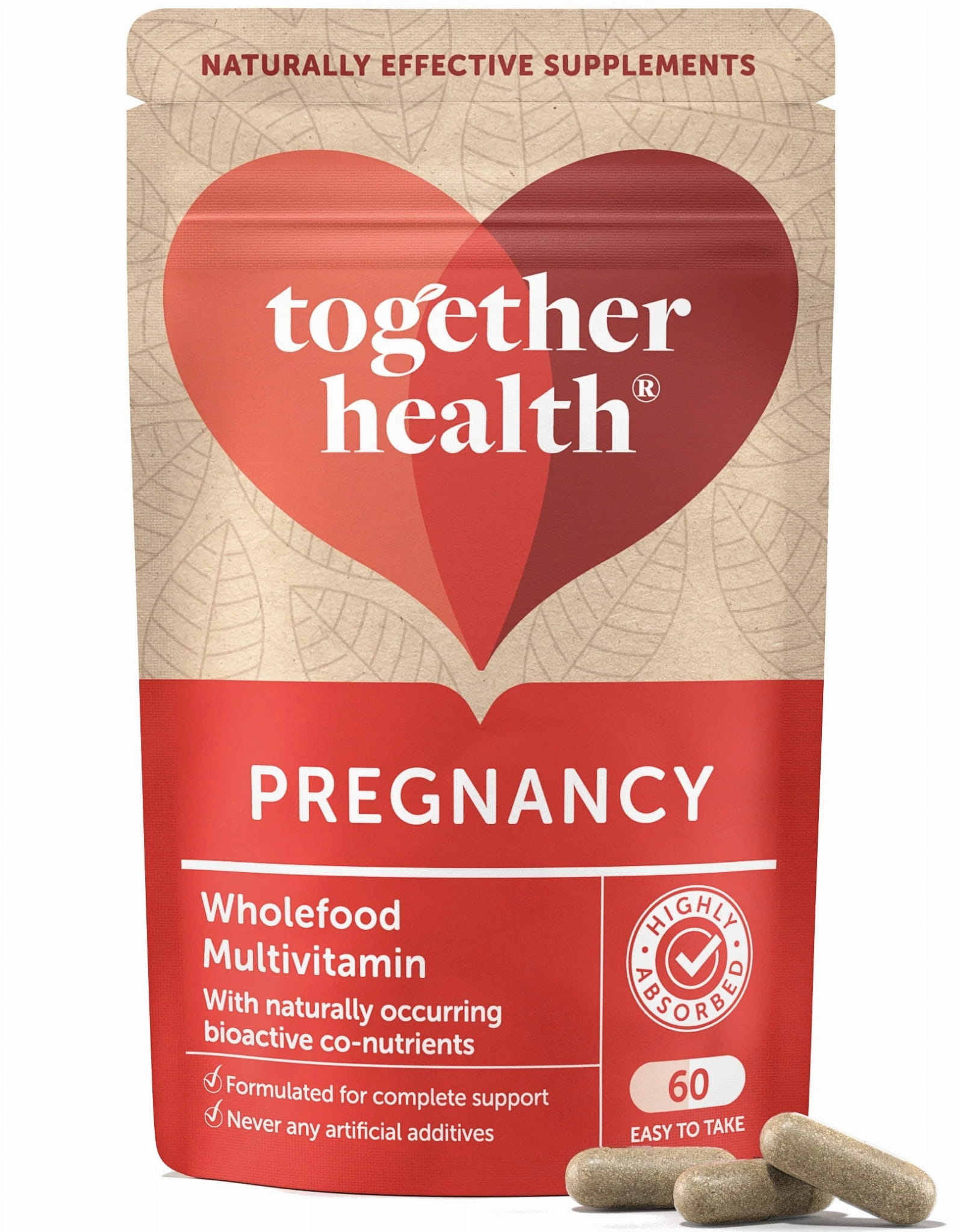 Schwangere Vitamine und Mineralien von Together in 60 Kapseln, Nahrungsergänzung für Schwangere, Nahaufnahme der Verpackung