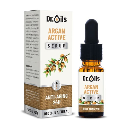 Argan Serum von Dr. Oils in 10 ml Flasche, zeigt die goldene Flüssigkeit, ideal für Hautpflege, auf weißem Hintergrund