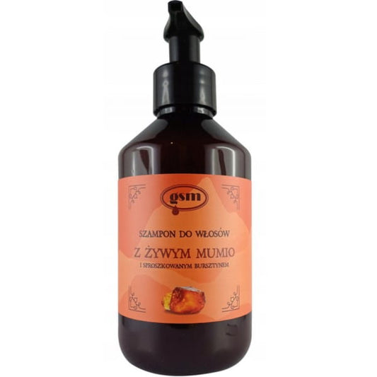 GSM Haarshampoo mit lebenden Mumien, 300 ml, von Dystrybutor Biogo.pl, zeigt die Flasche mit Shampoo und Mumien-Design.