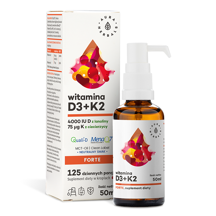 Vitamin D3 4000 IU + K2 FORTE Tropfen auf MCT-Öl von AURA HERBALS, 50 ml Flasche, dunkelbraune Tropfen in dunkler Flasche