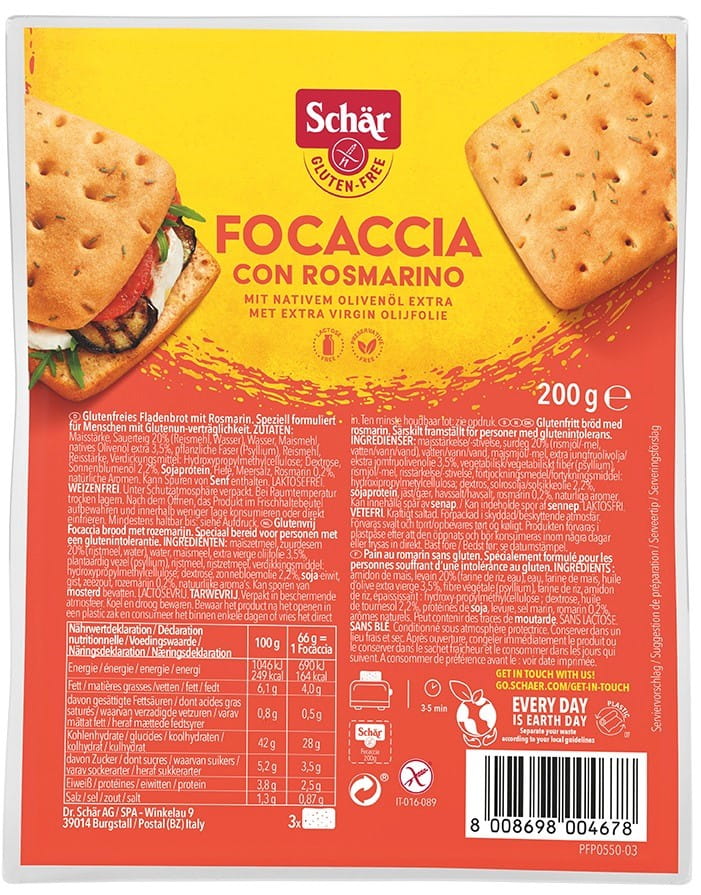 Glutenfreie Focaccia mit Rosmarin, 200 g, Schar MHD: 12-2026