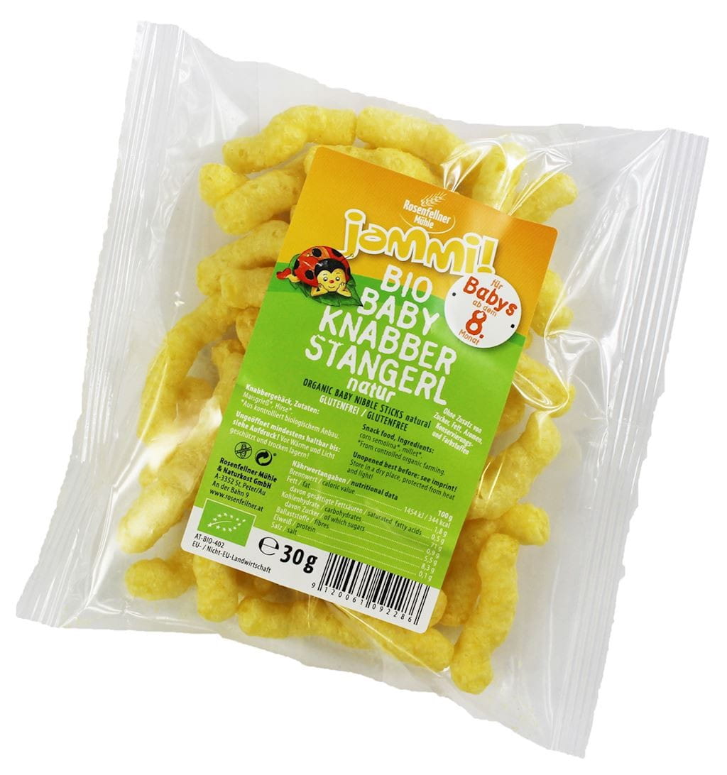 Bio glutenfreie Babychips von ROSENFELLNER, natürliche und gesunde Snacks in 30 g Verpackung, close-up der Chips in einer Schale