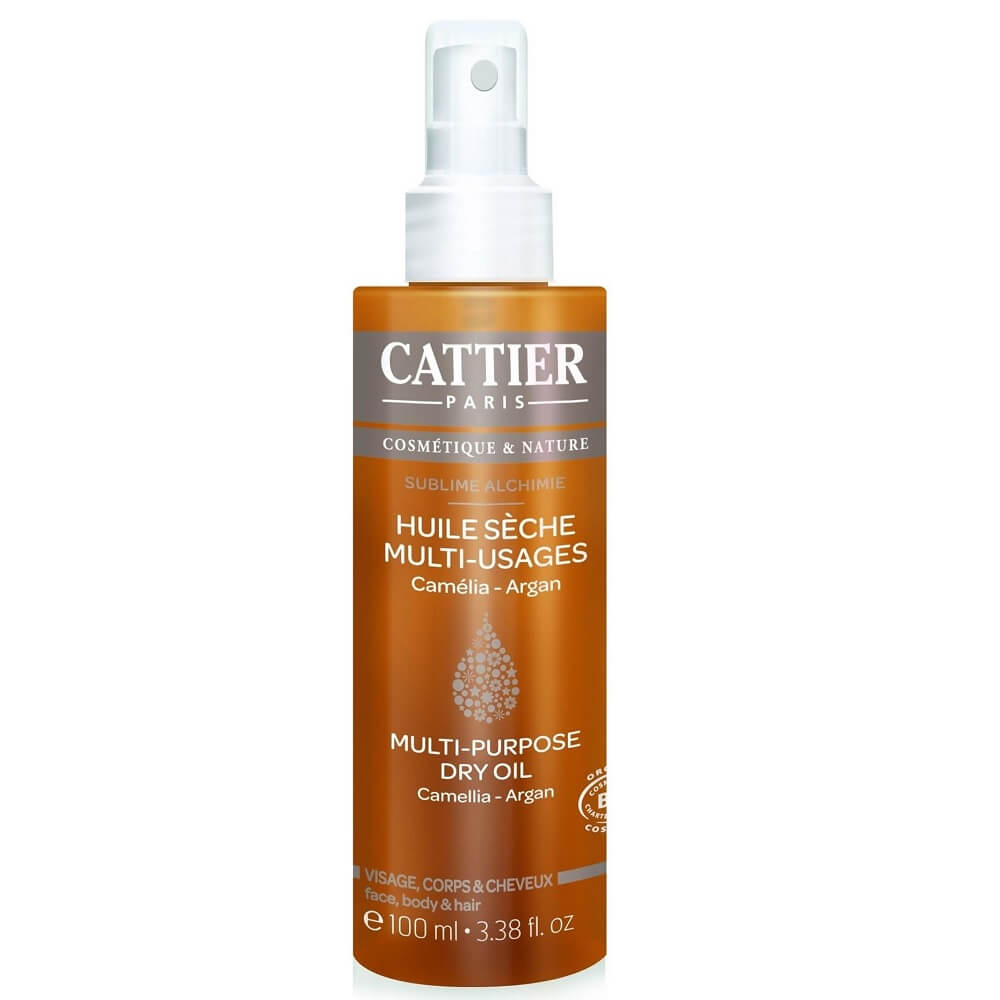 Feuchtigkeitsspendendes Trockenöl für Körper, Gesicht und Haare von CATTIER, 100 ml, flüssige Textur in dunkler Flasche
