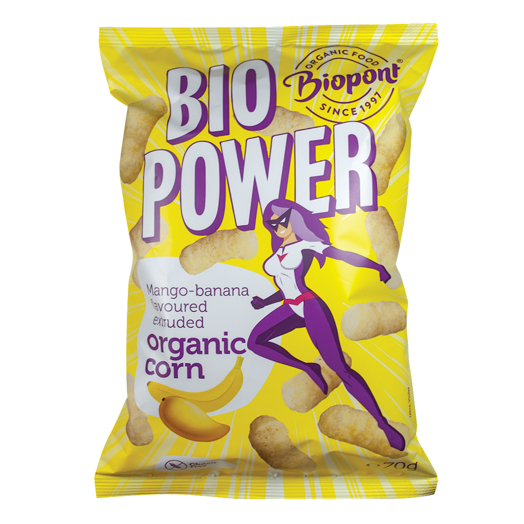 Maischips mit Mangogeschmack und Bananen, glutenfrei und BIO, in 70 g Packung, von BIOPONT.