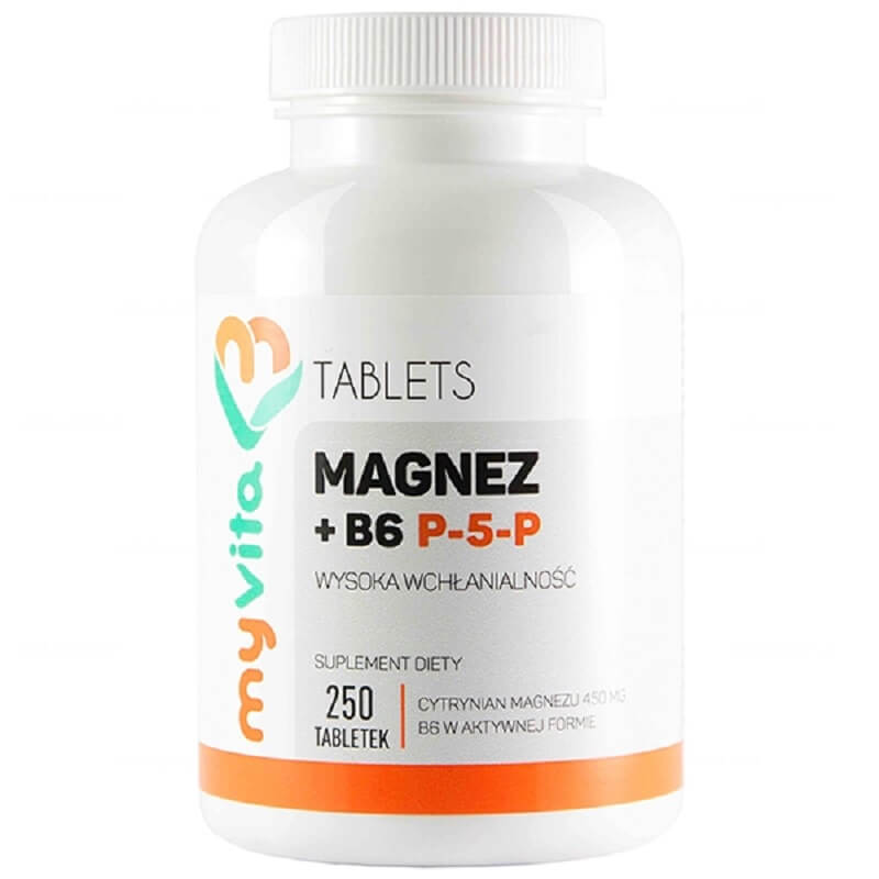 Magnesiumcitrat + B6 P Tabletten von MYVITA, aktive Form, 250 mg, in einer Packung mit 36 Tabletten sichtbar.