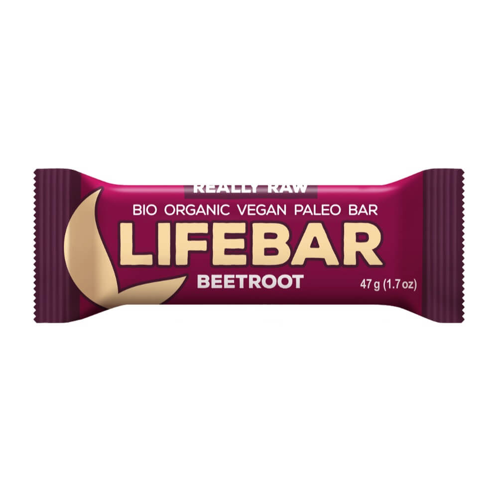 Roher BIO Rote-Bete-Riegel von LIFEFOOD, glutenfrei, 47 g, zeigt den ungeschnittenen Riegel mit roher Rote Bete.
