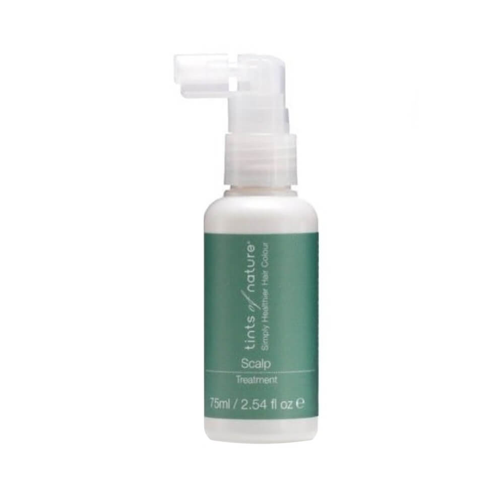 Nährende Kopfhautbehandlung in 75 ml Flasche von TINTS OF NATURE, zeigt die Anwendung und das Produkt in einer Dose.