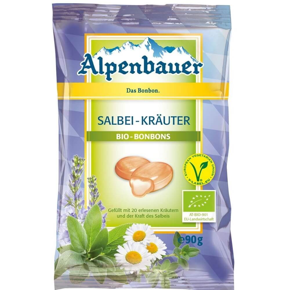 Veganer Salbei-Kräuterbonbon von ALPENBAUER, BIO, 90g, mit frischem Salbei und Kräutern in einer Verpackung.
