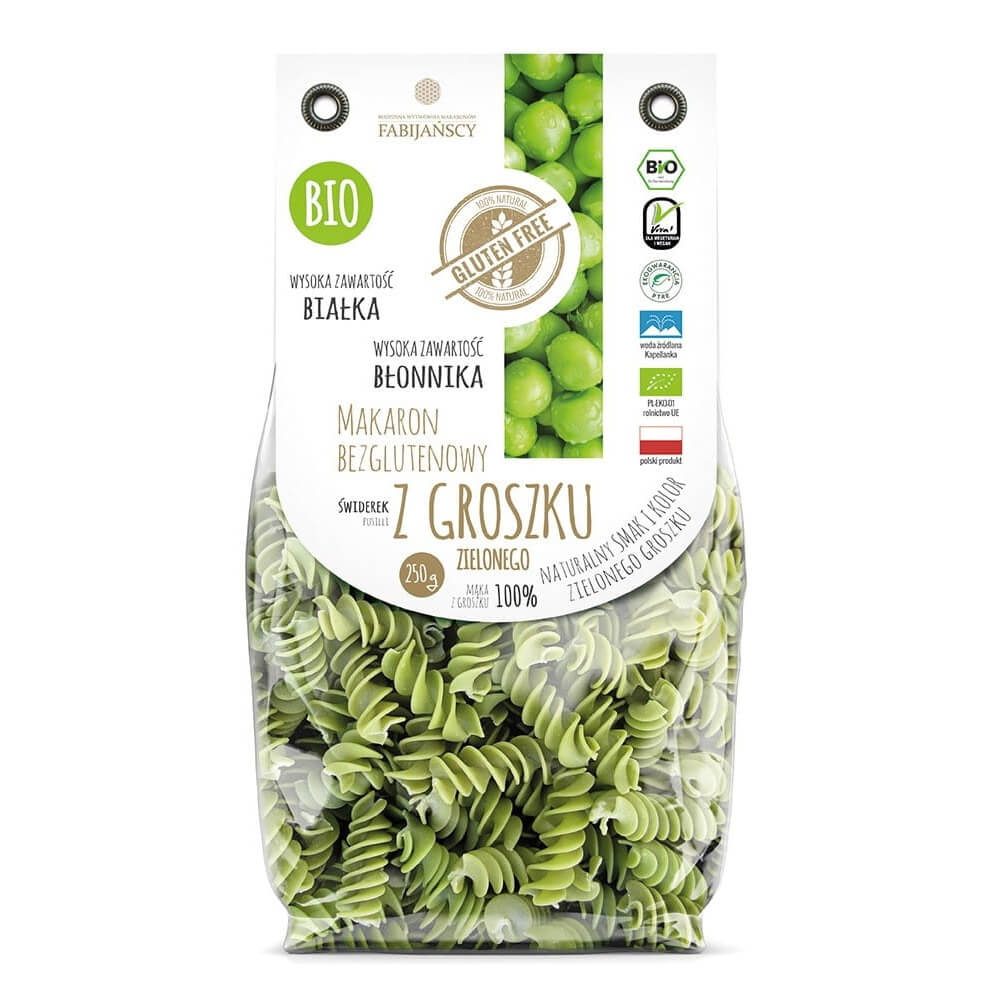 Grüne Erbsen Fusilli-Nudeln von FABIJAŃSCY, glutenfrei und BIO, 250 g Packung, trockene Pasta auf weißem Hintergrund