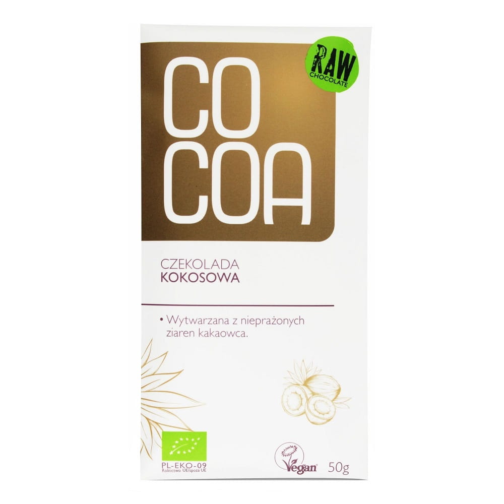 Bio Kokosschokolade mit Kakao, 50 g, von COCOA, cremige Schokoladenstückchen mit Kokosgeschmack auf weißem Hintergrund