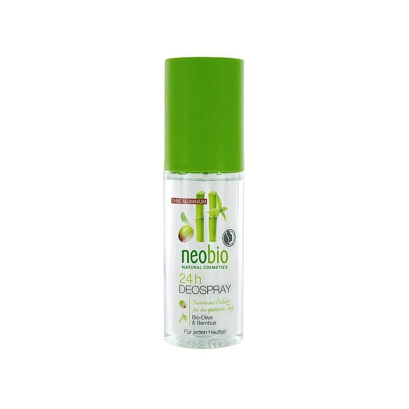 Spray Deo Olive und Bambus von NEOBIO, EKO, 100 ml, Flasche mit Sprühkopf, natürliche Inhaltsstoffe, umgeben von Oliven und Bambus