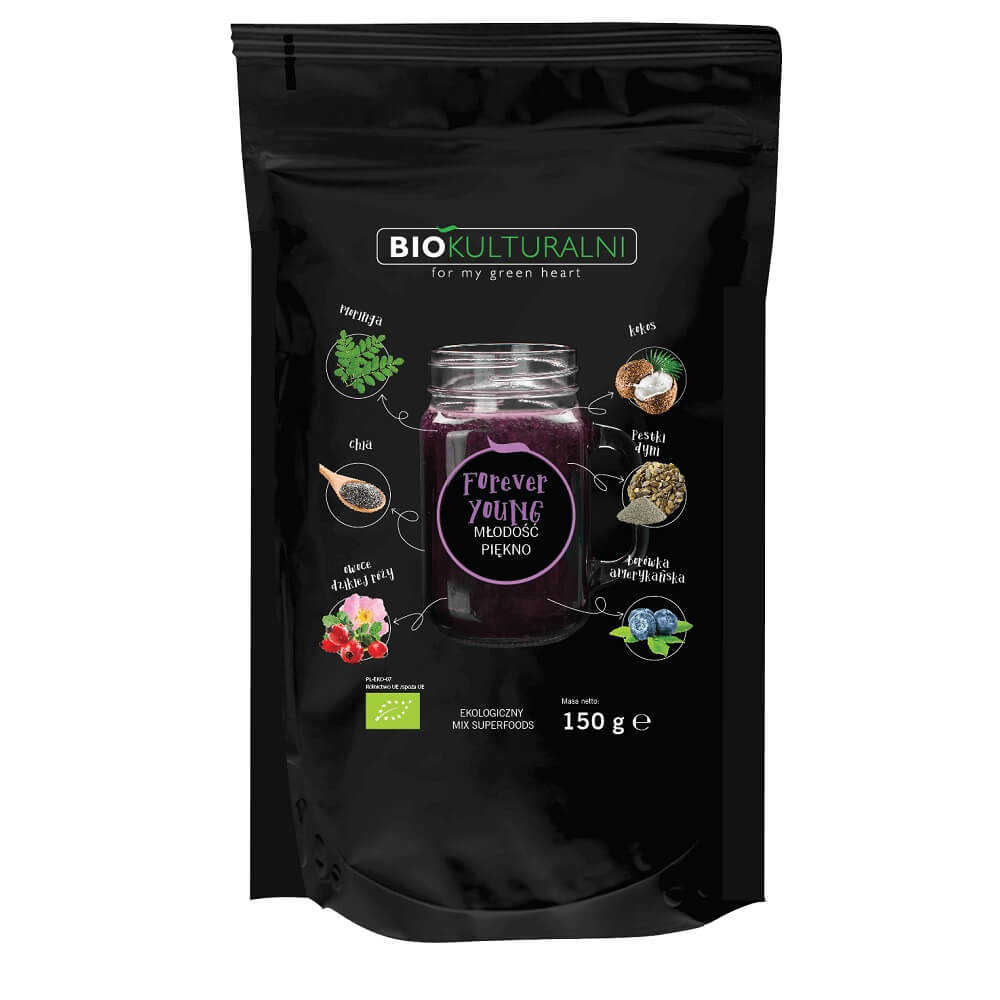 Mischung aus Superfoods Forever Young BIO von BIOKULTURALNI, 150 g, verschiedene gesunde pflanzliche Zutaten in einer Dose
