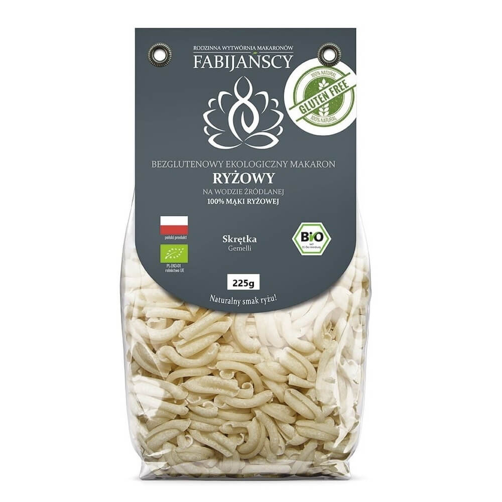 Weiße, glutenfreie Gemelli-Nudeln aus Reis von FABIJAŃSCY, biologisch, 225 g, spiralförmige Pasta auf Bild.