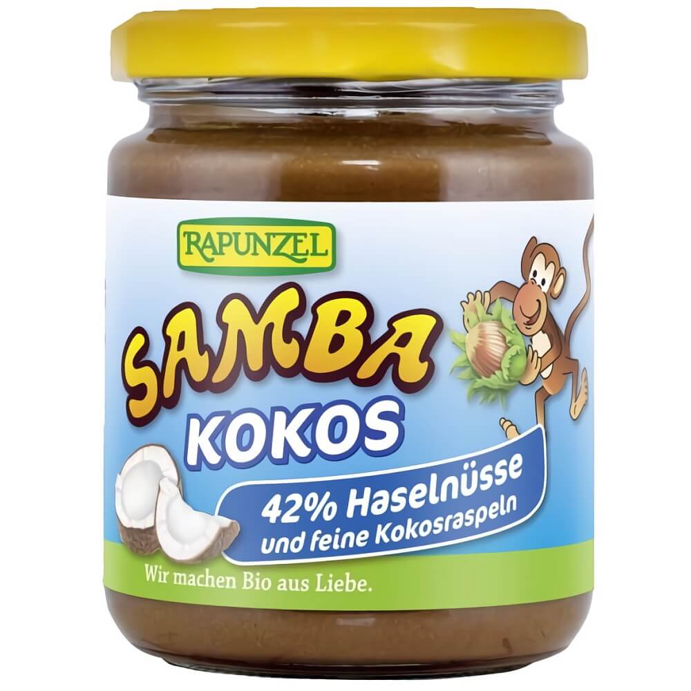 Schokoladen-Nuss-Creme mit Kokos-Samba BIO von RAPUNZEL in 250 g Glas, cremige Konsistenz mit Nüssen und Kokosnuss.