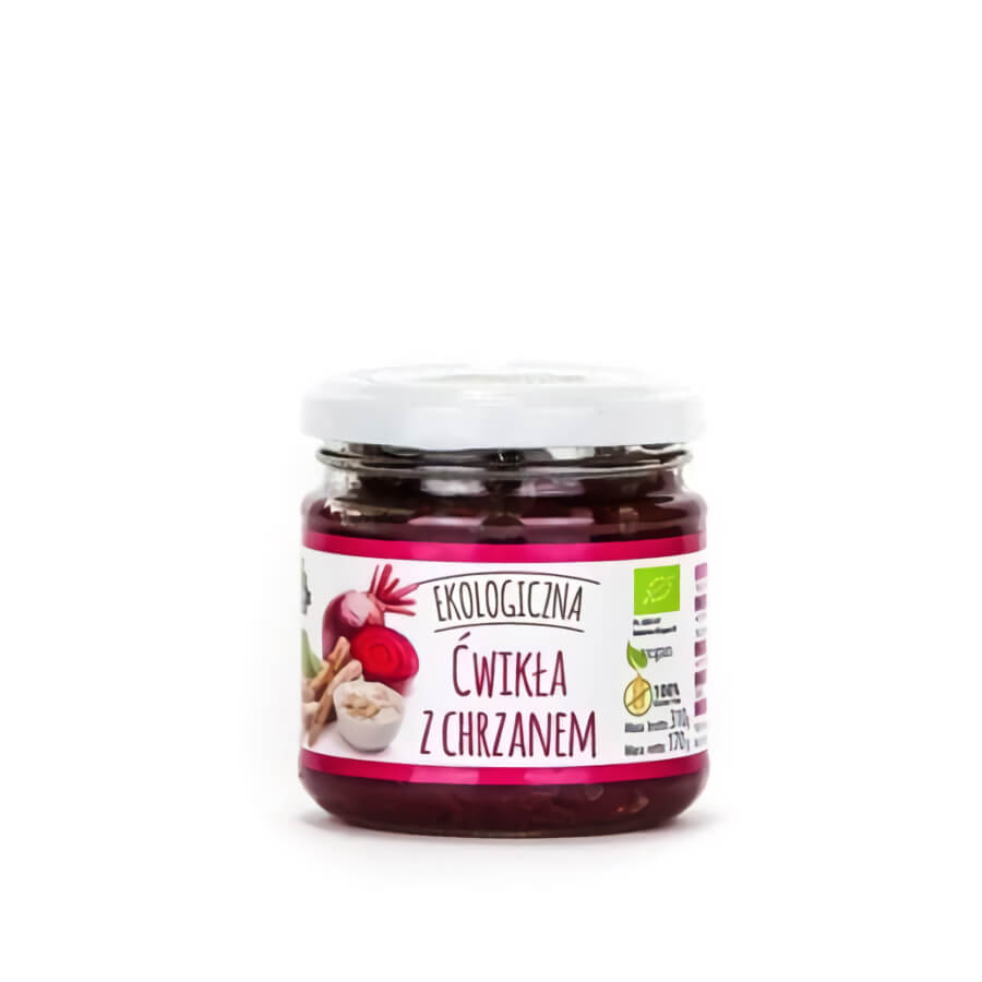 Milde Bio Rote Bete mit Meerrettich von FARMA ŚWIĘTOKRZYSKA, 160 g, in Glasbehälter sichtbar
