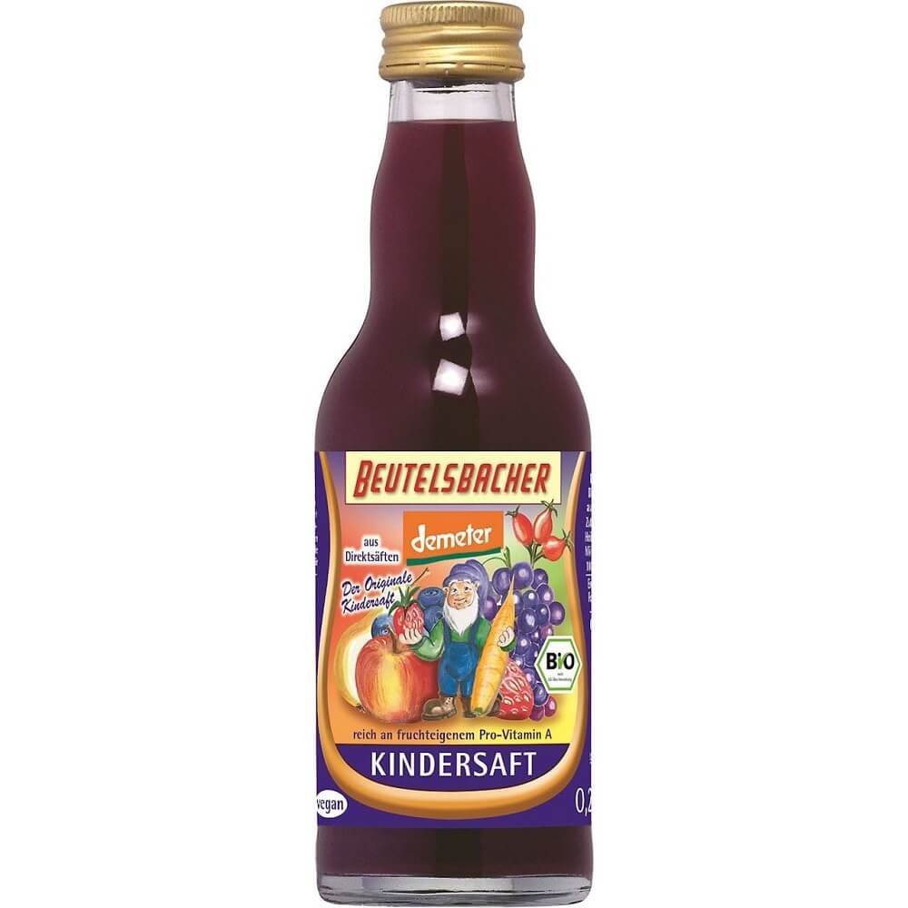 Mehrfruchtsaft mit Karottensaft für Kinder, biologisch, in 200 ml Beutel, von BEUTELSBACHER, zeigt den Saft in einer Flasche