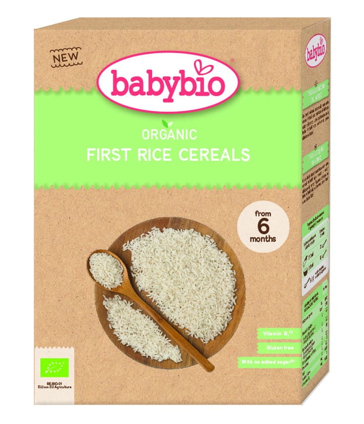 Reisbrei ab 6 Monaten von BABYBIO, glutenfrei, biologisch, in 200 g Packung, für Babys mit weichem, cremigem Textur.