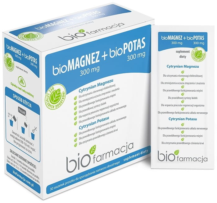Magnesium 300 mg und Kalium 300 mg Beutel von BIOPHARMATION, Nahrungsergänzungsmittel, close-up auf Verpackung und Beutel