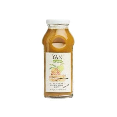 Bio Sanddornsaft mit Pfirsich und Apfel von YAN in 250 ml Flasche, zeigt die Flasche mit orange- und gelblich gefärbtem Saft