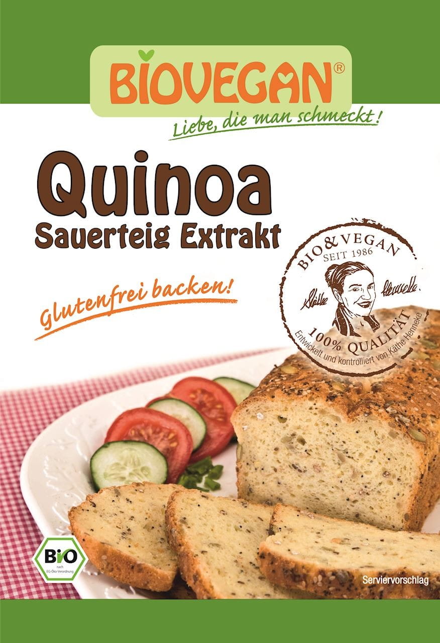 Bio glutenfreies Quinoa-Sauerteigpulver von BIO VEGAN, 20 g, in einer transparenten Verpackung, sichtbar auf einem weißen Hintergrund
