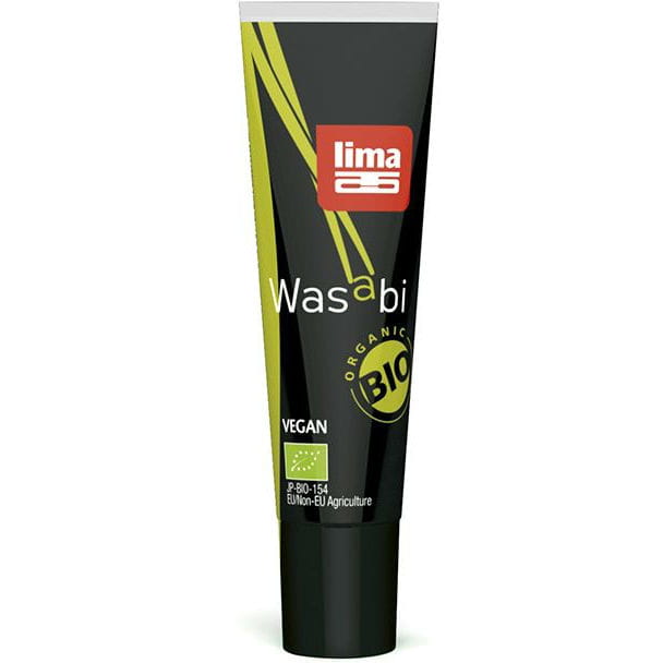 Bio Wasabipaste von LIMA in 30 g Dose, cremige grüne Paste aus Wasabi-Wurzel auf weißem Hintergrund