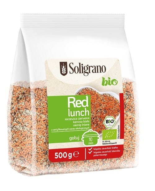 Bunter Teller mit roten Linsen, weißem Quinoa und Leinsamen, gesunde vegetarische Mahlzeit, BIO-Qualität, SOLIGRANO.
