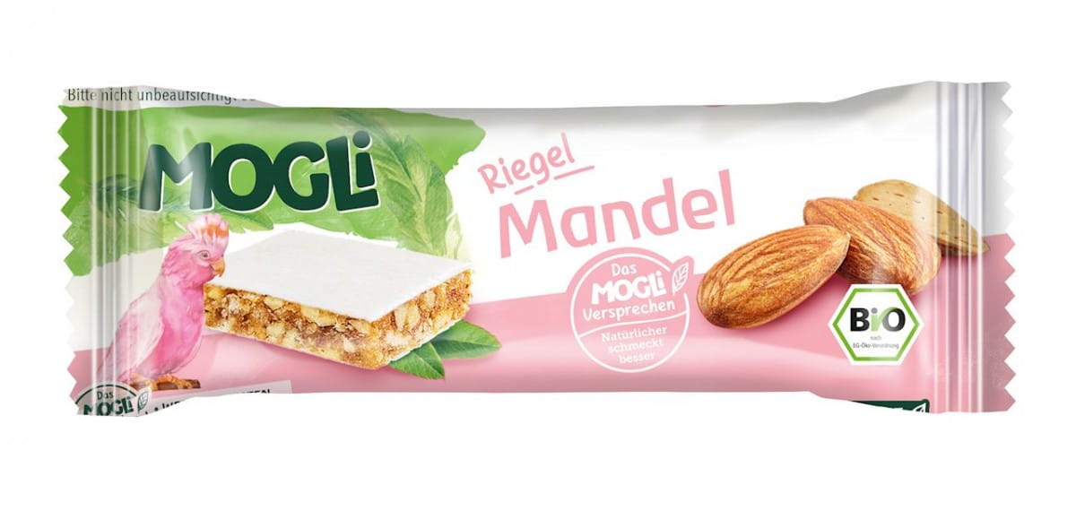 Bio-Mandelriegel von MOGLI, 25 g, mit knackigen Mandeln und natürlichen Zutaten, perfekt für einen energiereichen Snack.