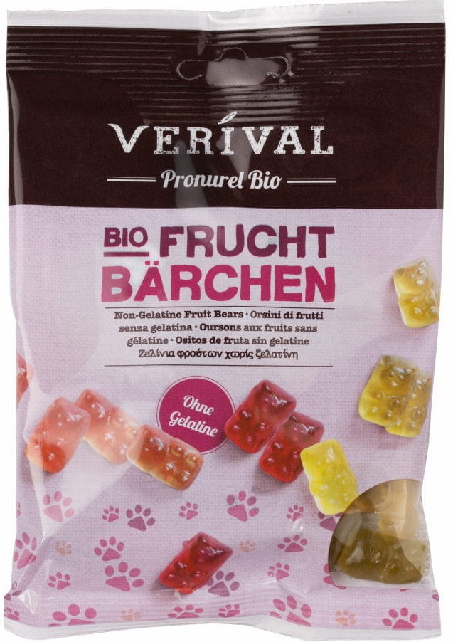 Fruchtgelees ohne Gelatine von VERIVAL, 100g, mit bunten Fruchtstücken in Glas verpackt.