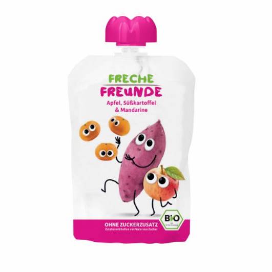 Quetschmousse für Kinder, Süßkartoffel und Mandarine, 100g, ERDBAR - FRECHE FREUNDE, biologisch, fruchtig und kinderfreundlich