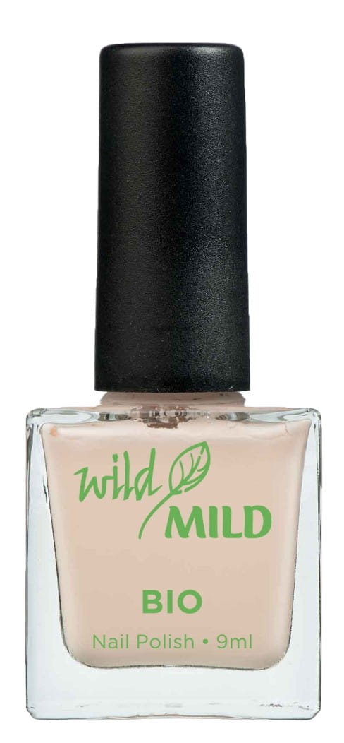 Natürlicher Nagellack von WILD & MILD, 9 ml, in gedecktem Farbton, zeigt den Lack in der Flasche vor einem neutralen Hintergrund.