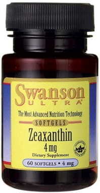 Gelbe Zeaxanthin-Kapseln aus Omnixan-Paprika von SWANSON, 4 mg, in einer offenen Packung, Nahaufnahme