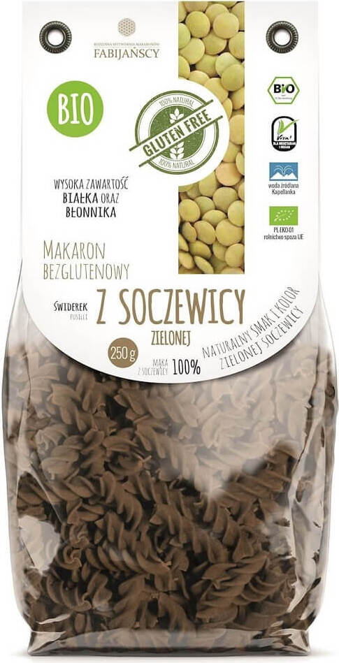 Grüne Linsen Fusilli Nudeln, glutenfrei und bio, 250 g, von FABIJAŃSCY, ungekocht in einer Packung.