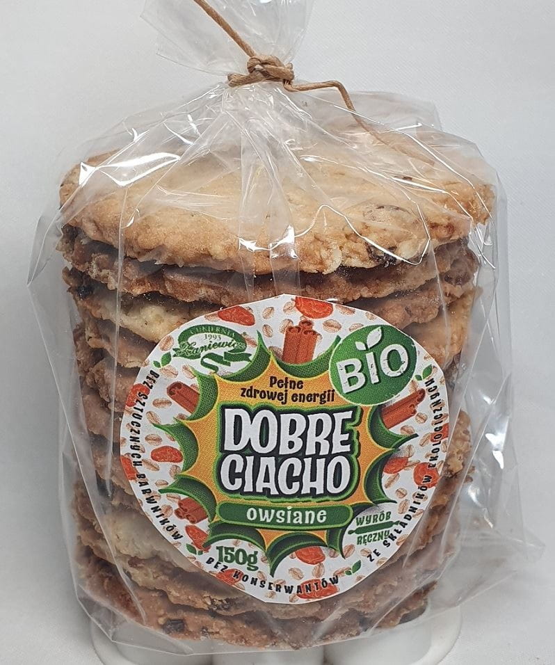 Weizen- und Haferkuchen mit Rosinen und Zimt, Bio, 150 g, CUKIERNIA ZANIEWICZ, geöffneter Packung mit Kuchenstücken