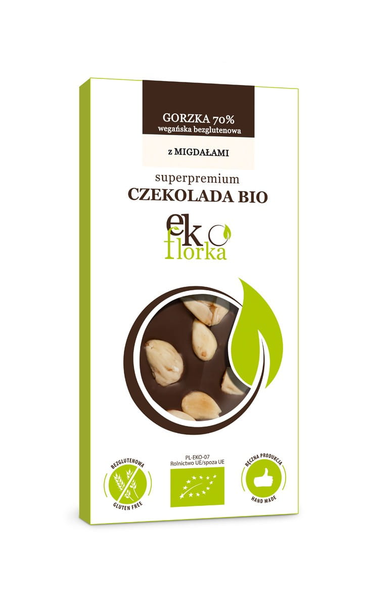 Dunkle Bio-Schokolade mit Mandeln von EKOFLORKA, glutenfrei, 85 g, detailreiche Nahaufnahme der Schokoladentafel mit Mandeln