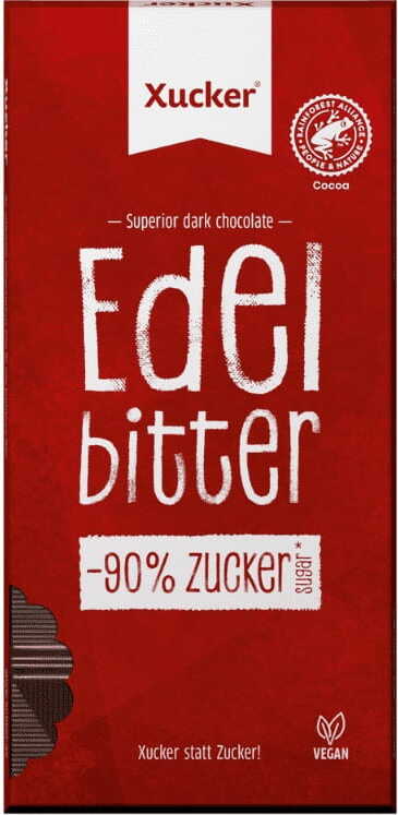 Zartbitterschokolade 75 % Kakao mit Xylit von XUCKER, 80g ohne Zuckerzusatz, dunkle Schokoladentafel auf weißem Hintergrund