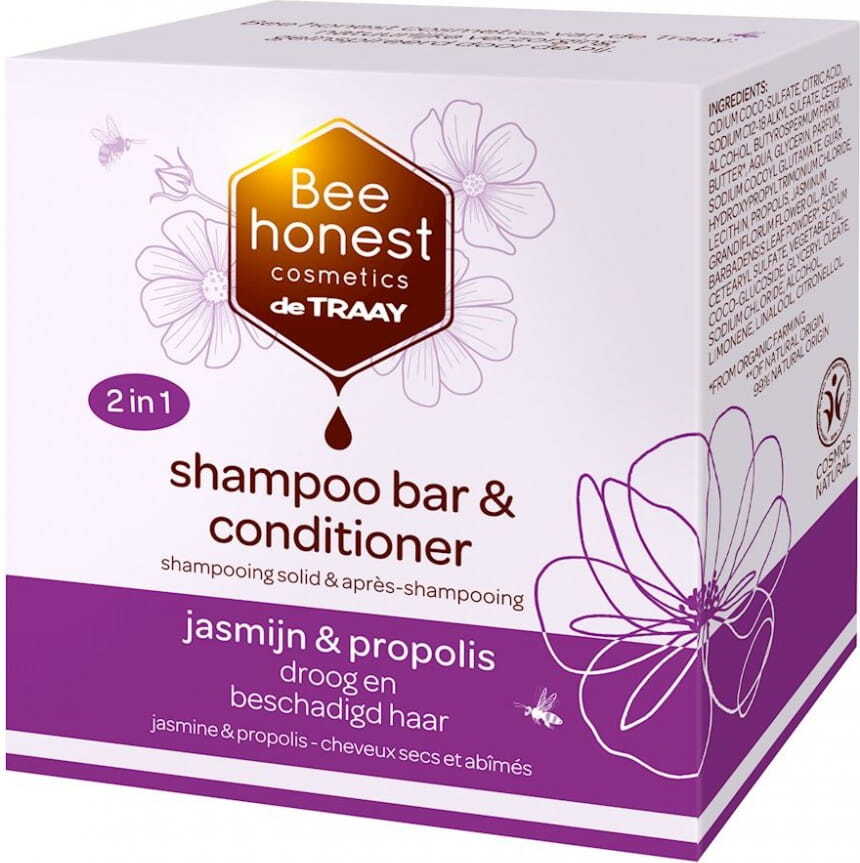 Shampoo und Conditioner für trockenes und geschädigtes Haar 2in1 in Jasmin und Propolis Öko-Riegel 80 g - BEE HONEST