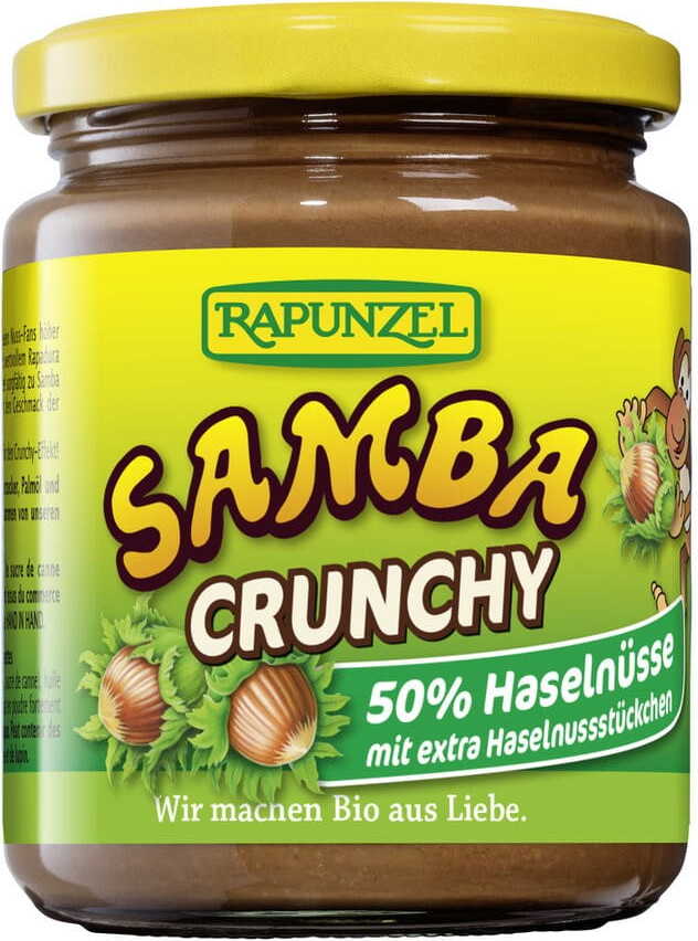 Nusscreme mit Haselnussstückchen von RAPUNZEL, Samba BIO, 250 g, cremige Schokoladen- und Nussfüllung in Glasflasche