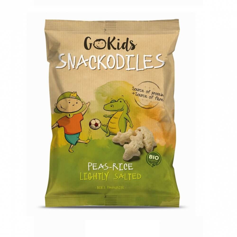 Bio Krokodile aus Erbsen und Reis von GOKIDS, 30 g, detailreiche Nahaufnahme der grünen, krokodilförmigen Snacks.