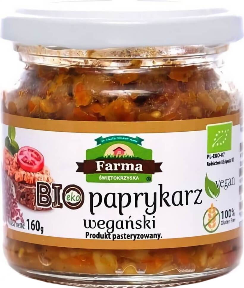 Veganer Paprykarz BIO von FARMA ŚWIĘTOKRZYSKA, 160 g, mit buntem Paprikagemüse in biologischer Qualität.