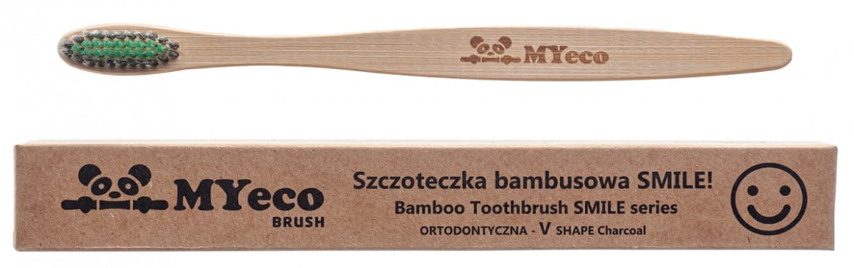 Bambuszahnbürste von MYECOBRUSH mit kieferorthopädischer Borste, grün-schwarz, weich, mit Aktivkohle für sanfte Reinigung