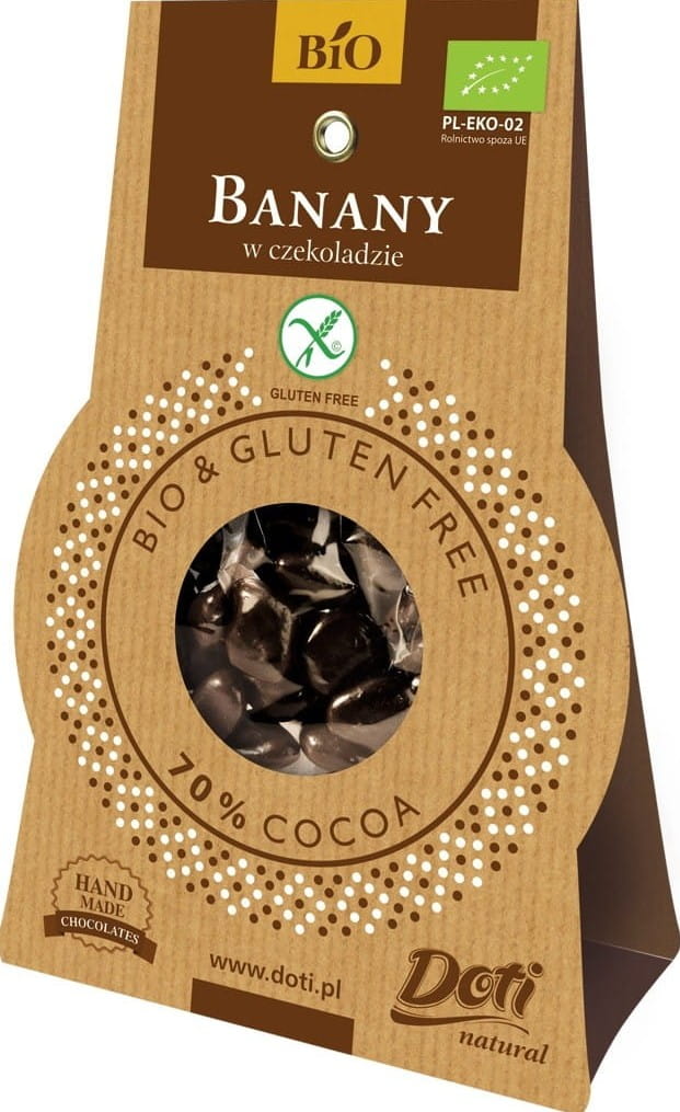 Dunkle Bio Zartbitterschokolade mit Bananenstücken, glutenfrei, 60 g, von DOTI, zeigt Schokoladenstückchen mit Bananenscheiben