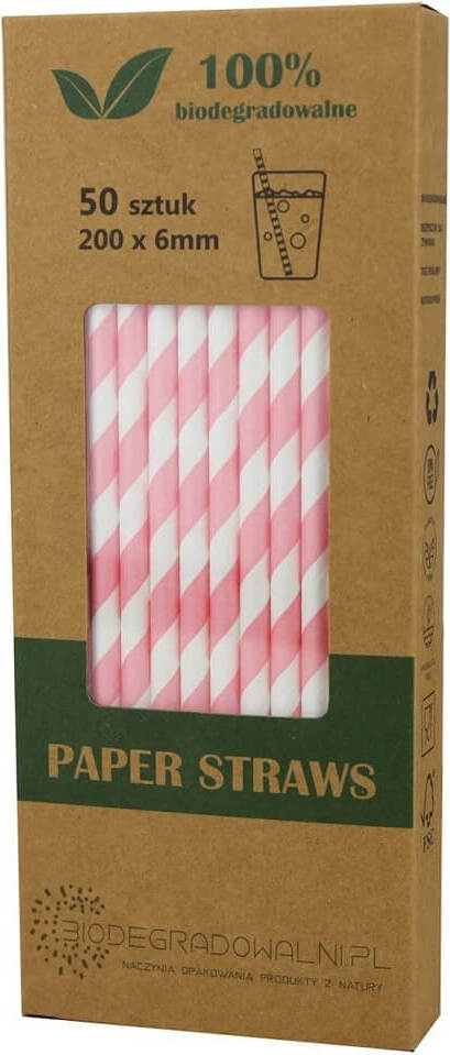 Papierschnorchel rosa Streifen, 50 Stück, biologisch abbaubar, umweltfreundliche Trinkhalme aus Papier.