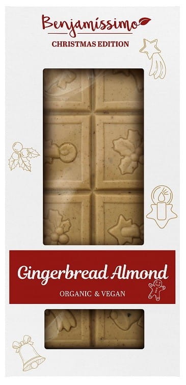 Vegane weiße Schokolade mit Lebkuchen- und Mandelgeschmack von BIOBENJAMIN, 60 g, weihnachtliches Bio-Schokoladenprodukt.