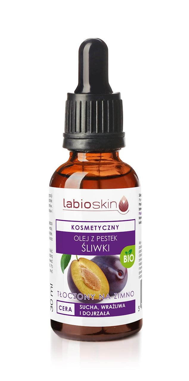 Flasche mit 30 ml kaltgepresstem Bio-Pflaumenkernöl von BIOOIL, naturbelassen und ökologisch hergestellt.