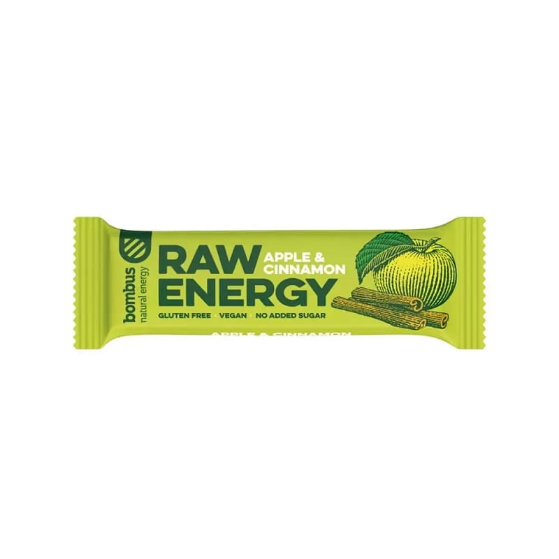 Rohenergieriegel Apfel Zimt von BOMBUS, glutenfrei, 50 g, mit Apfel- und Zimnaromen, auf natürlicher Verpackung.