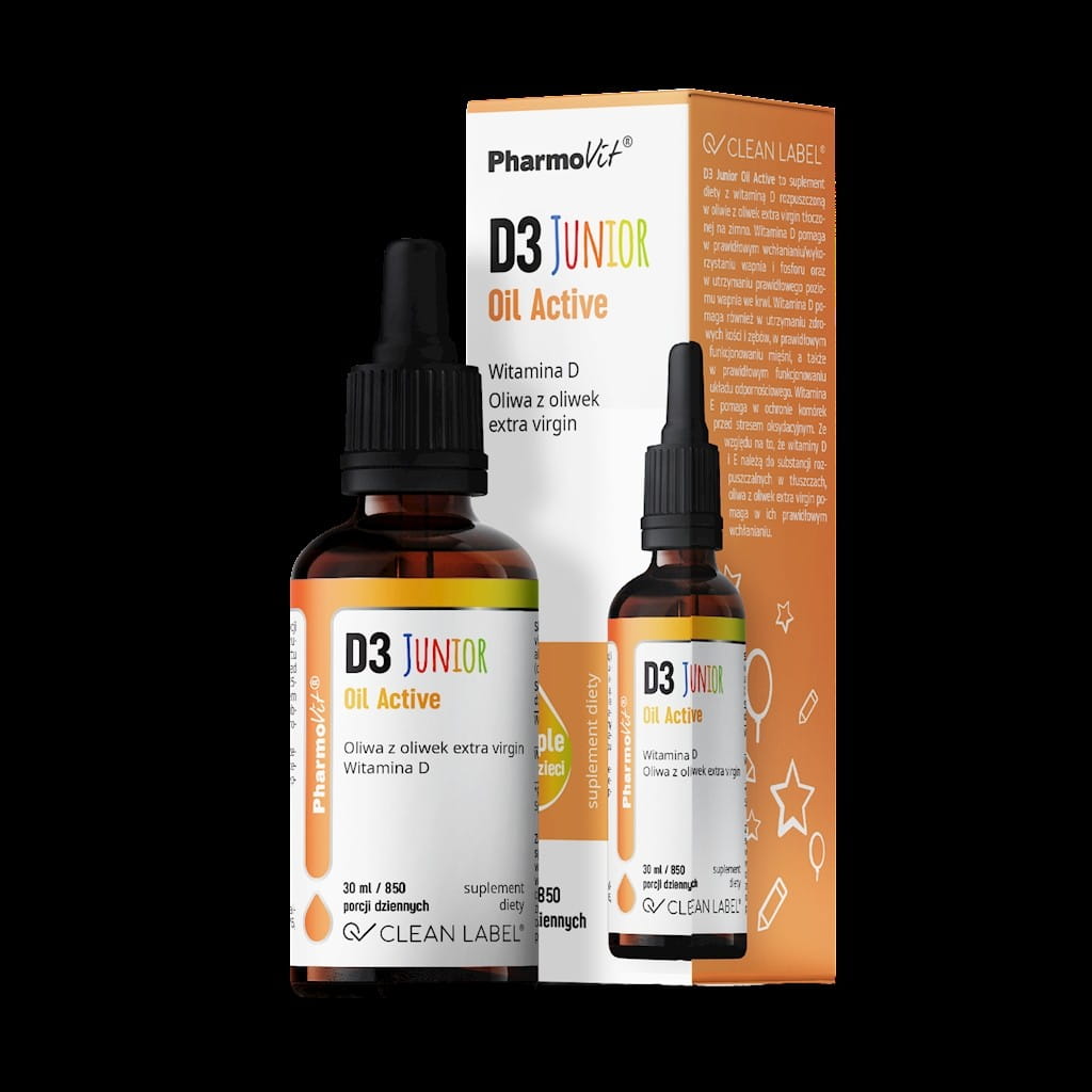 Vitamin D3 Junior Tropfen für Kinder von PHARMOVIT, glutenfrei, 30 ml Flasche, enthält 20 mcg Vitamin D3.