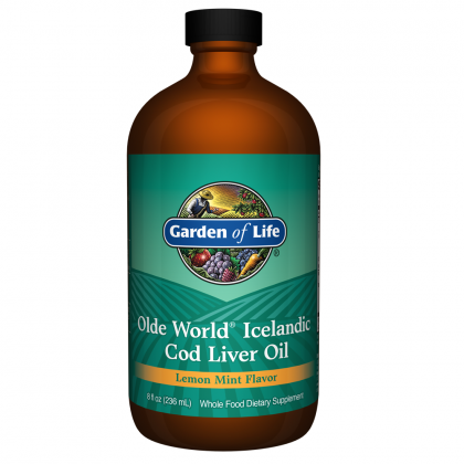 Isländischer Lebertran von GARDEN OF LIFE in 236 ml Flasche, zeigt das Produkt mit Etikett und Flüssigkeit.
