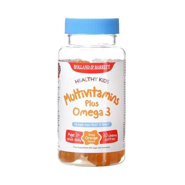 Gesunde Kinder-Multivitamine mit OMEGA 3 in Form von 30 Gelees von HOLLAND & BARRETT, farbige Fruchtgummis auf weißem Hintergrund.