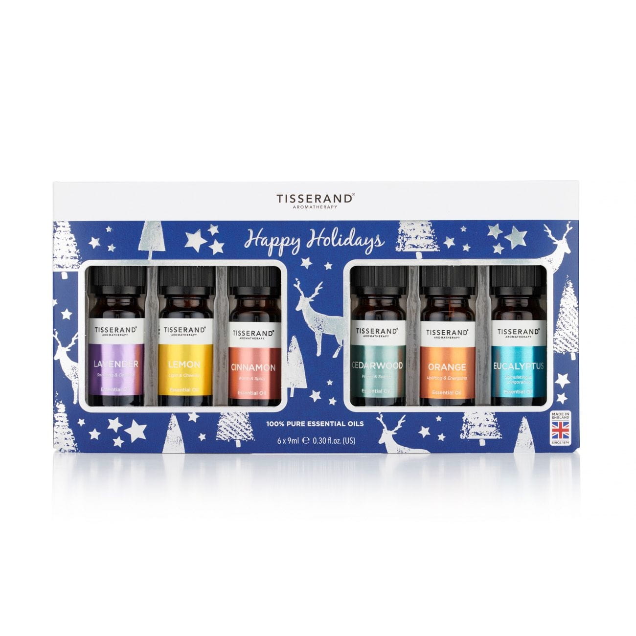 Set mit 6 ätherischen Ölen von TISSERAND, Happy Holidays, in 6 x 9 ml Flaschen, natürliche Duftöle für Aromatherapie