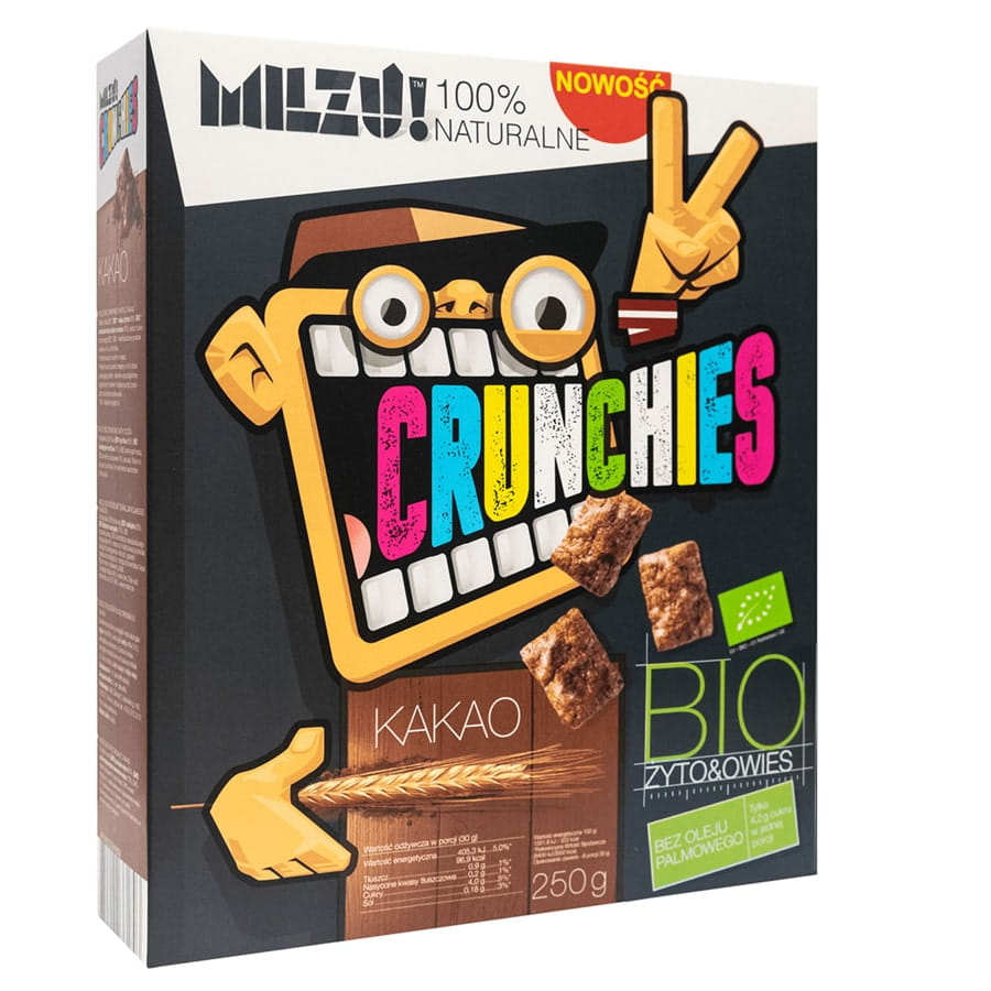 Bio Roggen-Hafer-Crunchies mit Kakao von MILZU! in 250g Verpackung, knusprige Hafersnacks mit Kakaogeschmack.